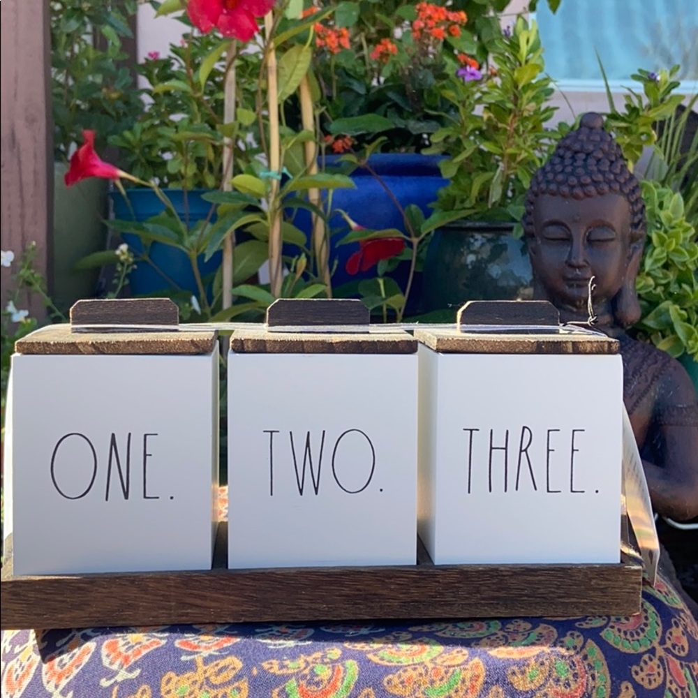 NEW Rae Dunn “ONE. TWO. THREE” 3 Piece Wooden Box Canister Set w/ Tray